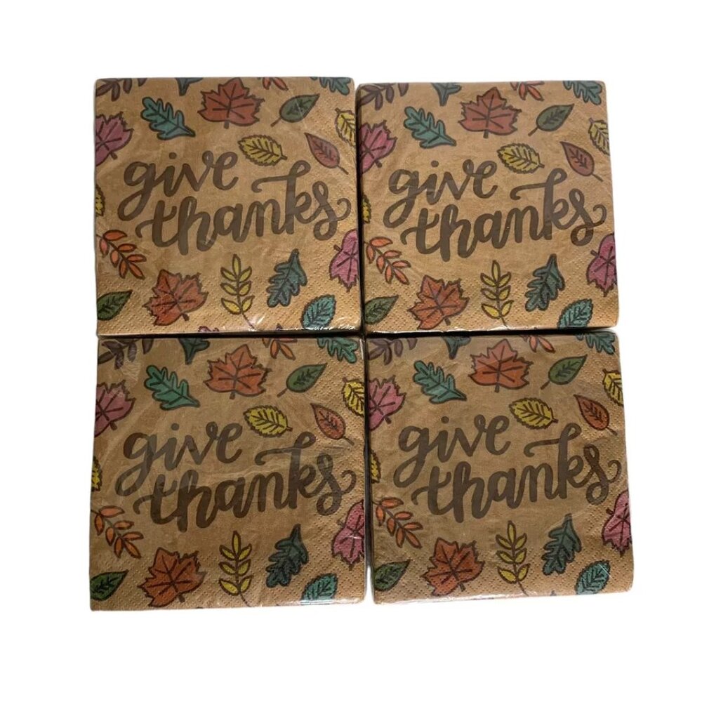 Give Thanks Beverage Napkins Thanksgiving Leaves 4 Packages of 20 Count 3 Ply